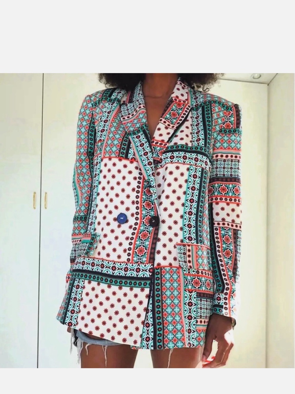 ZARA Retro Patchwork Printed Multicolor Satin-Effect Blazer and matching pants - Picture 6 of 10